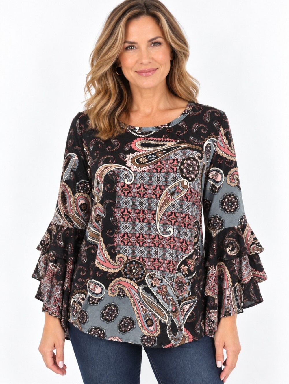 Amana NWT Paisley Bell Sleeve Blouse Womens M Black Pink Boho Tunic Top